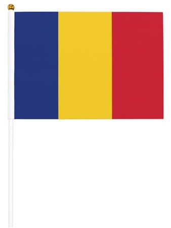 Bandera de Rumanía con impresión de banderas pequeñas en palo de 5.5 x 8.2 pulgadas, paquete de 10 banderas pequeñas de mano con palo de madera