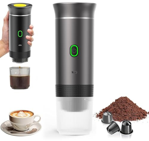 PZCC Caffettiera portatile/ricaricabile da 12 V con custodia, per caffè espresso, a riscaldamento rapido, per campeggio/auto, compatibile con capsule K-Cup, caffè macinato, da viaggio (grigio cenere)