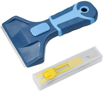 Rascavidrio plástico resistente, perfil engomado, cuchilla retráctil de 39mm y 5 hojas de recambio, ideal para limpiar superficies y eliminar pinturas.
