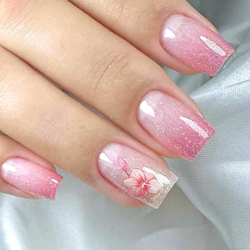 24 Stück Französischer Nägel Zum Aufkleben Square, Natürlich Acrylic Künstliche Nägel mit Gelee-Kleber, Rosafarbene Acrylnägel Selbstklebende Press On Nails mit Glitzer für Frauen (Rosa Blumen, 24x)