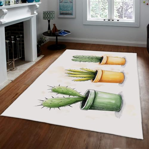 UERWOWELL Minimalist Cactus Area Rug Yellow and Green Potted Plants Print Non Slip Thin Carpets for Living Room Bedroom Relaxation Space 120x240cm