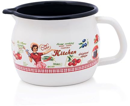 Metalac Emaillierter Milchtopf, Nostalgisches Retro-Design mit Küchendekor, Rot-Weiß, 0,8 Liter Fassungsvermögen, 10 cm Durchmesser, für Alle Herdarten Geeignet