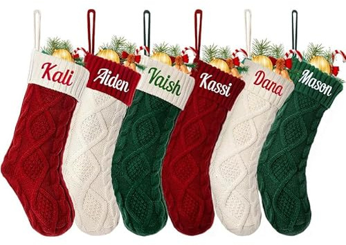 Vmhkjo Personalisierte Weihnachtsstrumpf mit Namen 46cm große gestrickte Nikolausstrumpf hängende Familie Weihnachtsstrümpfe für Kinder Weihnachtsdeko Party,Diamantmuster,1PC