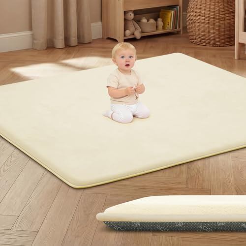 ACOMOPACK Baby Spielmatte, 3cm dick großer rutschfester Kinderteppich, 150 x 180 x 3cm, Memory-Schaumstoff samtweiche Krabbelmatte für Bauchlage (Beige, 150 x 180 cm)