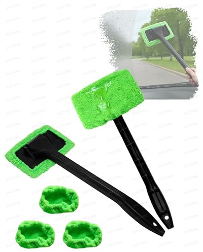 JHCHAN 2 Pack 180° Swivel Head Microfibre Car-Cleaning-Tools Accessories | Handles & 5 Reusable Cloths | for Car Windscreen, Shower Glass & Household Window Cleaner | Wet & Dry Use