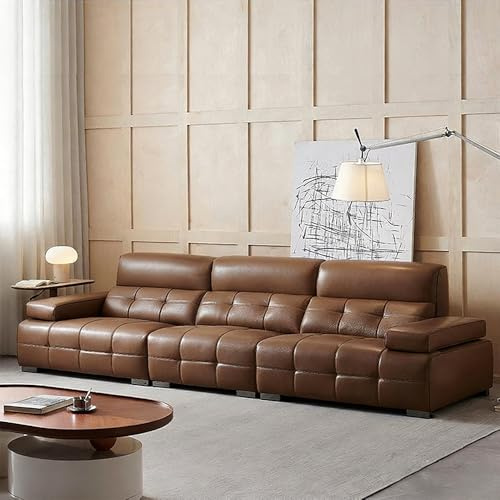 Amerikansk lyxig retrosoffa i brunt läder, rymlig och mjuk soffa med massiv träram, modern stor storlek, lämplig för vardagsrum/kontor/lägenhet.