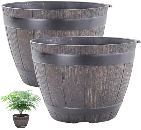 CAKEEYUM Lot de 2 jardinières en Forme de tonneau 19 cm en résine avec Drainage, idéales pour l'intérieur et l'extérieur (Jardin, terrasse, etc.). Convient également pour Le vin.