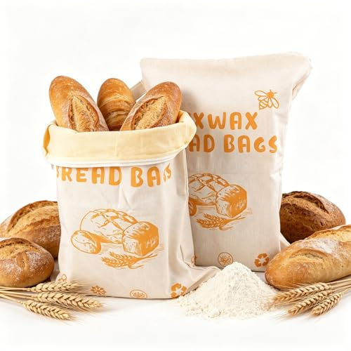 2er Set Bienenwachs Brotbeutel mit L-förmiger Öffnung, 43x33cm Wiederverwendbare Brottasche aus Baumwolle & Naturwachs, Einfach zu Befüllen & Reinigen, Perfekt für Sauerteig & selbstgebackenes Brot
