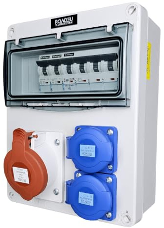 RoadEu Coffret de chantier triphasé IP44 CEE 16A 2 prises 2P+T | CEE 400V 5 broches, disjoncteur 4P VDE, 2x C16A 1P+N VDE, câblage 2,5 mm²
