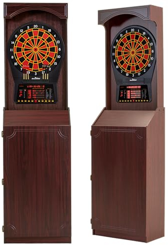 Arachnid Freestanding Cabinet Set: Includes Cricket Pro 800 regulation board in a stylish cabinet with shelves. Offers 40 games, 8-player LED scoring, tri-color Cricket, and 6 darts