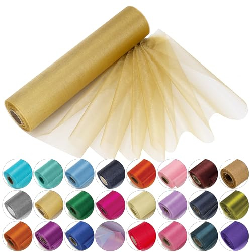 Trimming Shop Premium-Organza-Rolle, Schneetuch — 25 m x 29 cm — Taschentuch, Tischläufer, Schärpen, Stuhlhussen, Bögen, Schmuck, Dekoration für Hochzeitspartys, Gold