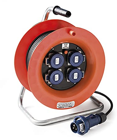 FAMATEL – Enrollacable 4 tomas | IP67 | 50 metros | Con Disyuntor | 4 tomas TT-16A-250V | Clavija industrial 2P+T-16A-250V | Cable neopreno de 3 x 1,5