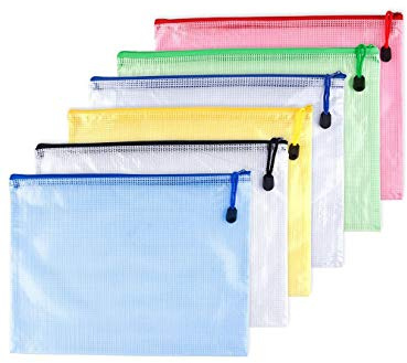 6er Zip-Ordner Geldbörse Pack PVC Dokumentendossier /PVC Schule, Büro, Magazin, Dokumentendatei Zippy Verschluss Ordnerhalter, Tasche Schwarz, Blau, Weiß, Gelb, Grün, Rot. B6