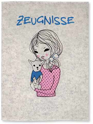 Goldi-Design Zeugnismappe Mädchen mit Hund weiß Wollfilzumschlag und Sichtbuch DIN A4 mit 20 Hüllen