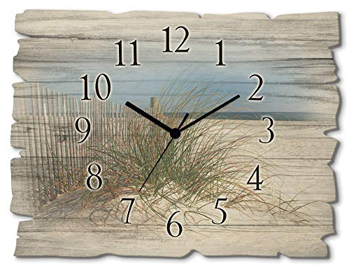 ARTLAND Wanddeko Wanduhr ohne Tickgeräusche aus Holz Funkuhr 40x30 cm Rechteckig Lautlos Strand Meer Düne Gräser Landschaft Maritim T5MA