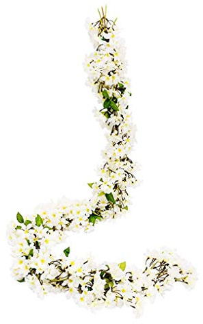 JUSTOYOU 2 Pcs 5.7FT Artificial Sakura Cherry Blossom Flowers Hanging Vine Fake Sakura Garland Fake Oriental Cherry Wreath Home Garden Party Wedding Decor (Cherry White, 2 PCS)