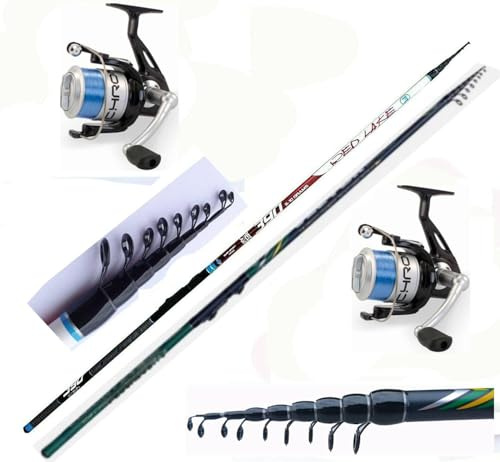 Canna Trota Lago Pesca Recupero Bombarda Vetrino Galleggiante + Mulinello Filo KIT 2 CANNE