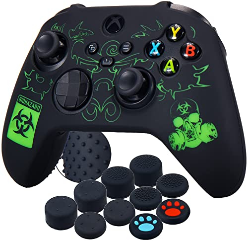 YoRHa Sculpture au Laser Silicone Housse Silicone Couverture Skin Peau Coques Cas pour Xbox Series X/S Manette x 1 (BH Vert) avec Thumb Grip x 10