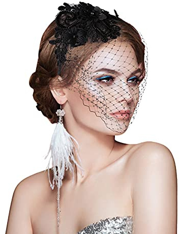 ASTER 1920s Fascinator Mesh Veil Black Headband Bridal Wedding Tea Party Fascinator Veil for Woman Girl