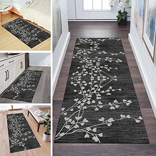 QQrunner Läufer Teppich Flur rutschfest 60x350cm Küchenteppich Vintage Schwarz Waschbar Meterware Schlafzimmer Korridor Teppichläufer Lang, Länge Anpassbare, 60/70/ 80/90/ 100/110/ 120cm Breit