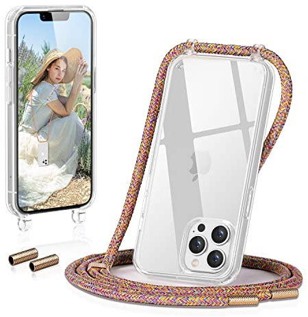 GOODVISH Handykette Kompatibel mit Apple iPhone 13 Pro Max 6,7 Display, Necklace Hülle mit Band Handyhülle für zum Umhängen, Transparent Case mit Schnur Kameraschutz und Bildschirmschutz, Rainbow