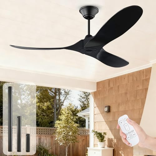 132cm Deckenventilator Mit Fernbedienung Ohne Licht, Schwarz Deckenventilator Outdoor Holz, Deckenventilator Ohne Beleuchtung, für Terrasse Pavillon Schlafzimmer, Geräuscharmer Reversibler DC-Motor