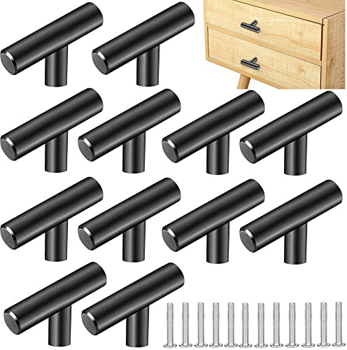 ZACUDA 12 PCS T Bar Handle Stainless Steel Cabinet Pulls 50mm Single Hole Drawer Knob Pulls Kitchen Cabinet Handles Furniture Knobs with Screws for Cupboard Cabinet Wardrobes Bathrooms Doors（Black）