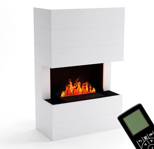 GLOW FIRE Wasserdampf Kamin TUCHOLSKY (Standkamin) - Elektrokamin mit realistischen LED 3D-Flammen, Knistereffekt & Fernbedienung, 90x140x45 cm - Opti-Myst 500 Elektro Kamin, Weiß