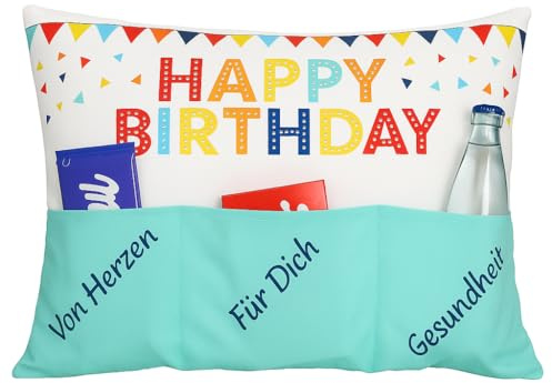 KAMACA Geburtstagskissen Kissen mit Füllung 30x50 cm Flauschiges Sofakissen mit 3 Taschen Deko und Geschenkidee zum Geburtstag für Frauen Männer Jugendliche Geschenkidee (Happy Birthday - 30x50cm)