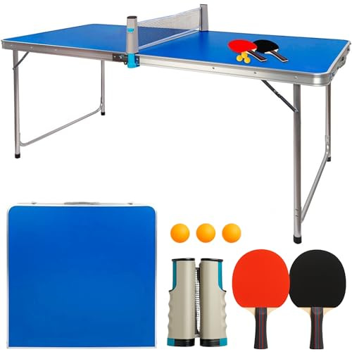 DEVESSPORT Pack Mini Mesa de Ping Pong Plegable | Mesa de Camping y Ping Pong para Interior y Exterior | 120x60x70 cm | Incluye 2 Raquetas, 3 Pelotas y Red Desmontable