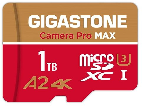 [5 Jahre kostenlose Datenrettung] GIGASTONE 1TB Micro SD Karte, Kamera Pro MAX, bis zu 170/140 MB/s, MicroSDXC-Speicherkarte für DJI, Gopro, Insta360, Dashcam, 4K Video, A2 4K U3 UHS-I + Adapter