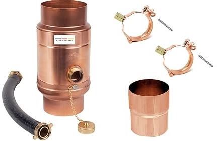 zbs24 Kupfer Regenwassersammler 100mm Set 3, Wassersammler mit automatischer Füllstop, Schlauchverbindung 30cm für Auffangbehälter, 85% Wasserertrag, 2 Rohrschellen und 1 Verbindungsmuffe