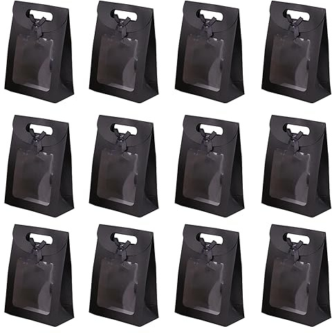 Fayemint 12 Stück Kraftpapier Verpackungsbeutel, 20 x 14 x 7 cm, Geschenktüte mit Fenster, Schwarz Kraftpapiertüten, für Verpacken von Bankettgeschenken, Keksen und Süßigkeiten (Schwarz)