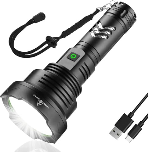 WURF Ultra Powerful LED Torch, 50000 Lumen Rechargeable Torch, XHP90 Tactical Flashlight, IPX6 Waterproof 5 Flashlight Modes for Camping, Hiking, Emergencies [Energy Class A+]
