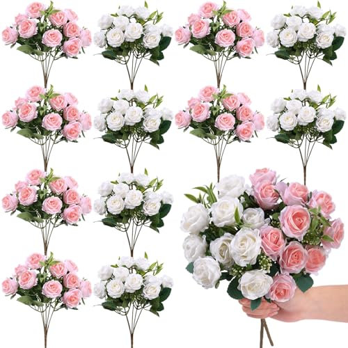 Zeyune 12 Bündel 30,5 cm künstliche Mini-Rosensträuße 120 Köpfe Mini-Blumenstrauß Brautblumensträuße künstliche Rosen Seidenrosen für Hochzeit Valentinstag Zuhause Party Dekoration (weiß und rosa)