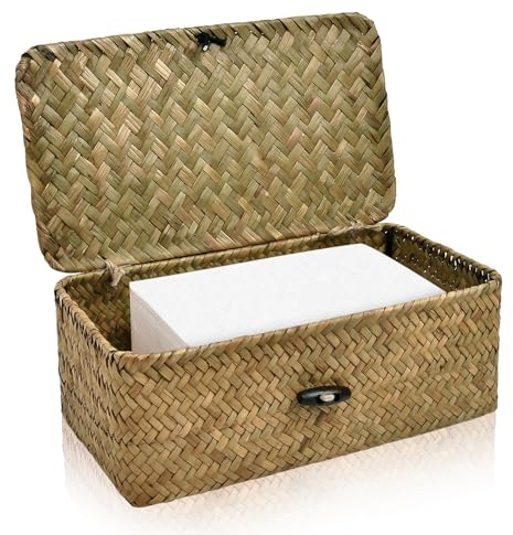 SULICRE Dryer Sheet Holder, Woven Seagrass Dryer Sheet Container with Lid, Farmhouse Dryer Sheet Box Decor, Dryer Balls Dispenser for Laundry Room Organization and Storage-Natural Color