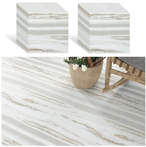VEELIKE Carrelage Adhesif Sol Aspect Pierre Beige Gris Dalle PVC Adhesive Sol Marbre Beige Carrelage Adhesif Mural Cuisine Carreaux Adhesif Salle de Bain Sol Adhesif Amovible 30 cm x 30 cm 24 Pièces