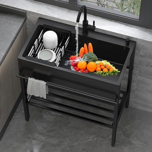 Freistehendes Edelstahl-Waschbecken, Kitchen Ausgussbecken Schwarz Mit Heißem Und Kaltem Wasserhahn, Outdoor Spülbecken, Mobiles Waschtisch Mit Unterschrank, Für Hinterhof Garage Waschküche Camping (