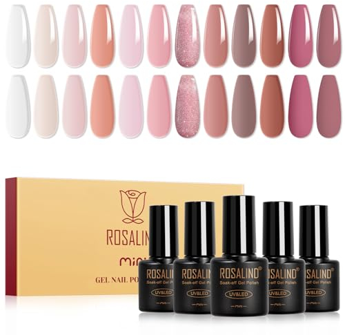 ROSALIND Esmaltes Semipermanentes,12 Color Jelly Transparente Nude Rosa Marrón Esmaltes Semipermanentes Para Uñas,Soak Off UV/LED Pintauñas Semipermanente Para Manicure