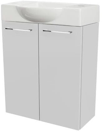 FACKELMANN SCENO Gäste-WC Set 2 Teile – Waschtischunterschrank in Weiß mit Waschbecken aus Keramik – SBC Waschbeckenunterschrank schmal – 2 Türen – Hahnloch rechts – 55 cm breit