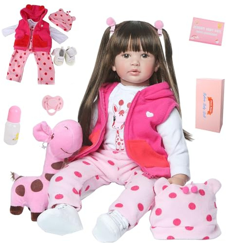 Tudofttg 60cm Bambole Reborn Femmina Morbide Realistiche Bambola in Silicone Vinile Reborn Toddler Ragazza Occhi Aperti,Capelli Lunghi, Con Giraffa di Peluche e Set di Accessori per l'Alimentazione ﻿