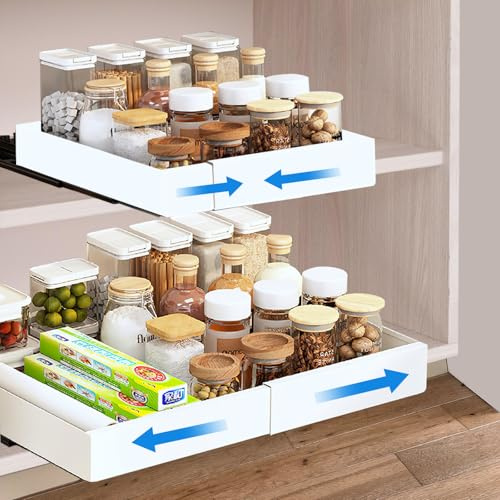 Divove Teleskopschublade - Ausziehbare Schublade für Küche, Ausziehbarer Schrank Organizer, Länge verstellbar 29.9cm-50.2cm, 2 Rutschen für zusätzliche Stabilität, Weiß