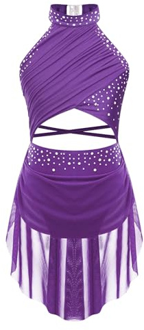 iiniim Vestido de Patinaje Artístico para Niñas Vestido Danza Lírica y Contemporánea Maillot con Falda Ballet de Malla y Pedrería Brillante Disfraz Bailarina 5-16 Años Morado 9-10 años