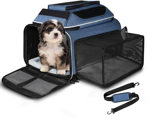 Petskd Top and Side Expandable Pet Carrier 18x11x11 Inches Delta United Airline Approved, Soft-Sided Carrier for Small Cats and Dogs with Locking Safety Zippers and Anti-Scratch Mesh(Blue)