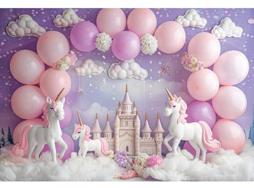 Ttincceer 2.5x1.8m Unicornio cumpleaños telón de Fondo Castillo Rosa púrpura Globo niña bebé Ducha fotografía Fondo Blanco algodón Nube Flor recién Nacido Fiesta de cumpleaños Decoraciones Banner
