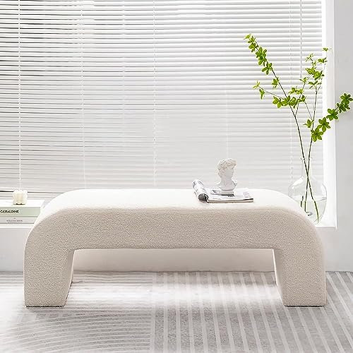 MEOYCHB Moderne Bank, rechteckiger Couchtisch, Flauschige, mit Sherpa-Polsterung gepolsterte Ottoman-Bank, Kunstfell-Eingangsbank als Fußstütze für Schlafzimmer(Size:80cm/31.5inch,Color:Weiß)