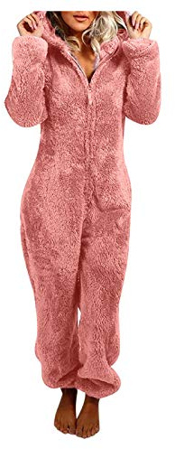 Jumpsuit Damen Kuschelig Einteiler Overall Lange Warm Schlafanzug Teddy Fleece Schlafoverall Winter Flauschig Onesie Einfarbig Plüsch Hausanzug mit Kapuze Pyjama Anzug Ganzkörperanzug Schönes