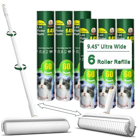 Rulli grandi per peli di animali domestici, rullo per pelucchi da pavimento con ricarica gigante per pelucchi da 24 cm, 360 fogli in totale, rulli adesivi con manico estensibile per pavimenti,