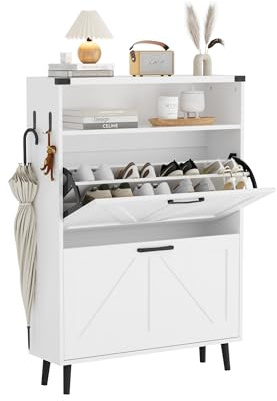 FiveWillowise Schuhschrank mit 2 Klappen, Schuhregal für Flur, schmaler Schuhkipper mit 4 Ablageflächen Schuhkommode mit offenem Stauraum, Schuhaufbewahrung Holz Wand, 80x24x113,5 cm, Weiß