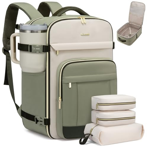 LOVEVOOK Rucksack Handgepäck Flugzeug, 40L Groß Reiserucksack Damen, Wasserdicht Travel Backpack für 17 Zoll Laptop, Kofferrucksack für Reise Arbeit Geschäftsreise Business Weekender, Olivgrün